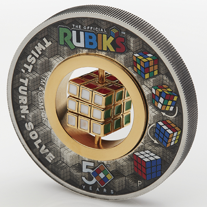 Tuvalu: Rubik-kocka 50. évfordulója színes, aranyozott 2 uncia ezüst 2024 antikolt érme