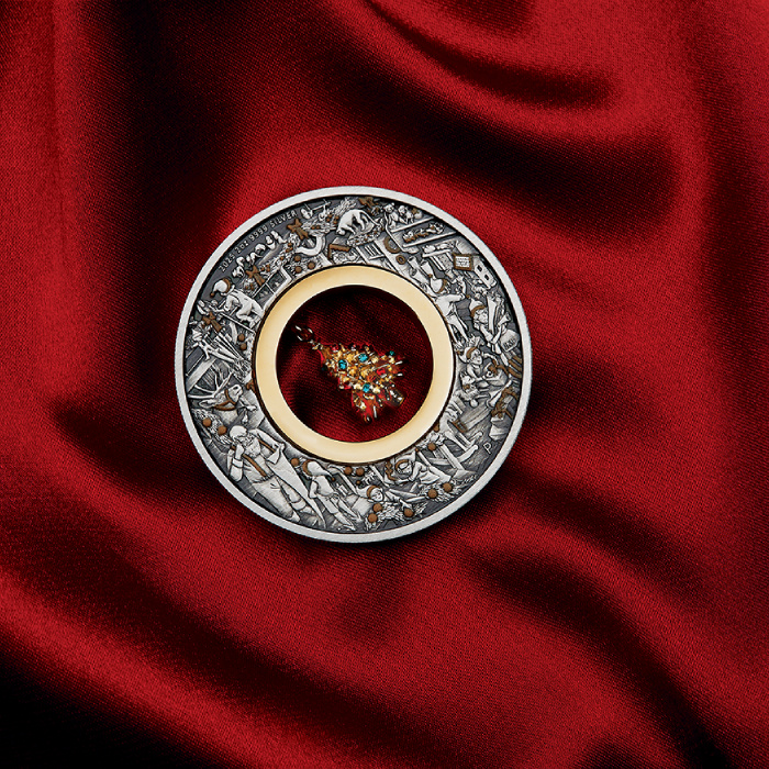 Austrálie: Santa’s Workshop pozlacená 2 unce Stříbra 2025 Antiqued Coin