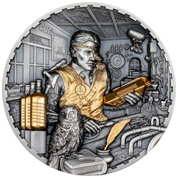 Isole Cook: Steampunk - Laboratorio scientifico dorato 3 once d'argento 2023 Ultra High Relief Antiqued Coin