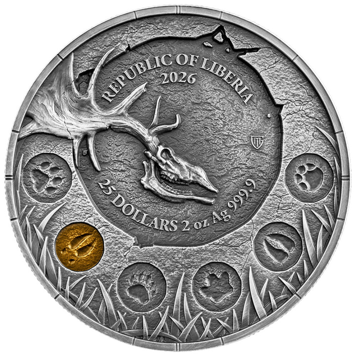 Silbermünze Germania Mint: Megafauna - Riesenhirsch koloriert 2 Unzen Silber 2026 Antiqued Ultra High Relief