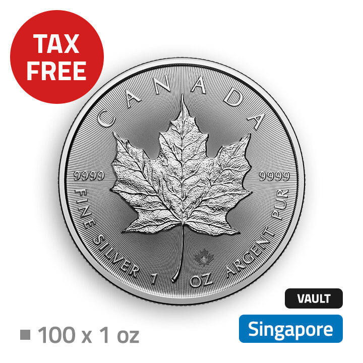 Feuille d'érable canadienne 100 onces d'argent - stockée dans un entrepôt hors taxes à Singapour (Malca-Amit)