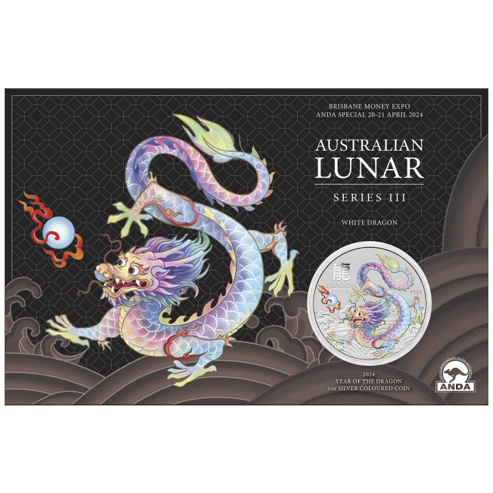 Perth Mint: Lunar III - Rok Smoka "Biały Smok" kolorowany 1 uncja Srebra 2024 (Brisbane Money Expo Anda Special)
