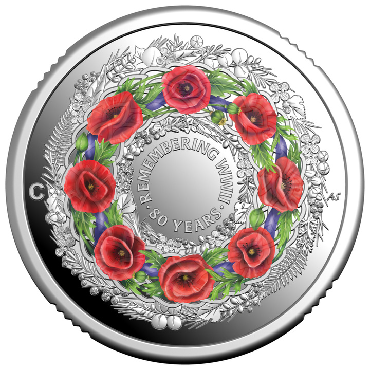 80 ans après : en souvenir de la Seconde Guerre mondiale, 2 $ en argent colorisé 2025, Belle Épreuve, marque d’atelier "C"