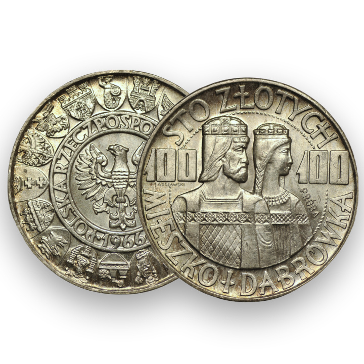 Próba: Mieszko i Dąbrówka 100 złotych Srebro 1966 (stan 1 / 1- )