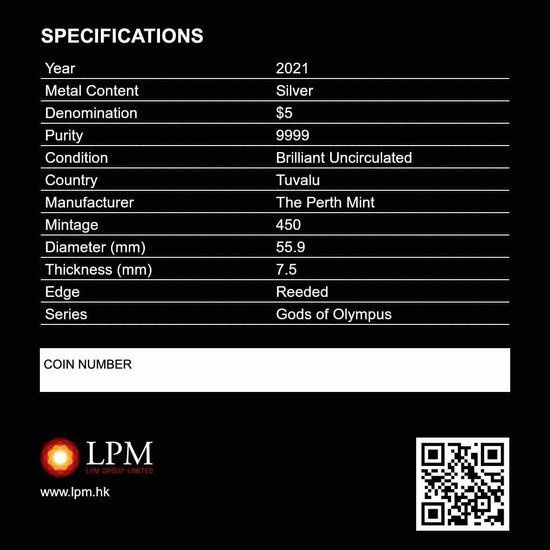 Tuvalu: Dei dell'Olimpo - Poseidone 5 once d'argento 2021