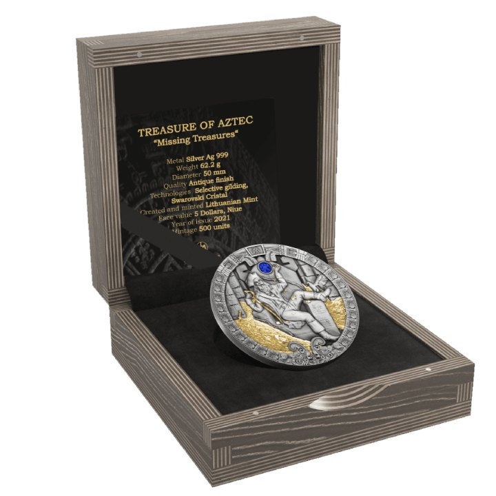 Niue: Missing Treasures - The Treasure of the Aztec pozłacany $5 Srebro 2021 High Relief Antiqued Coin