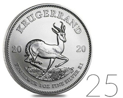 Krugerrand 1 once d'argent 2020 PAQUET DE 25 PIÈCES