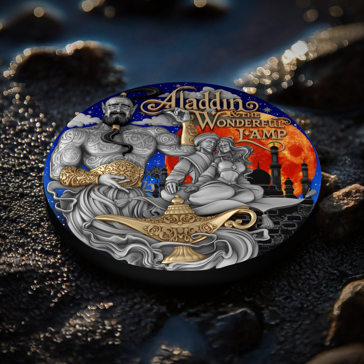 Niue: Aladdin & the Wonderful Lamp Colorized/Gilded 2 oz Silver 2025 Antiqued Coin