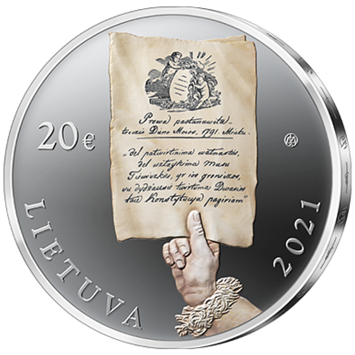 Litwa: 230. rocznica Konstytucji 3 Maja kolorowana 20 euro Srebro 2021 Proof + certyfikat