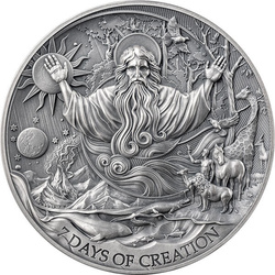 Kamerun: Bible Stories: Siedem Dni Stworzenia 2 uncje Srebra 2024 High Relief Antiqued Coin