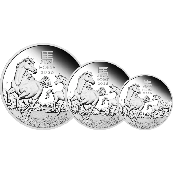 Perth Mint: Lunar III – Jahr des Pferdes: 3-Münzen Silber Set 2026 Proof
