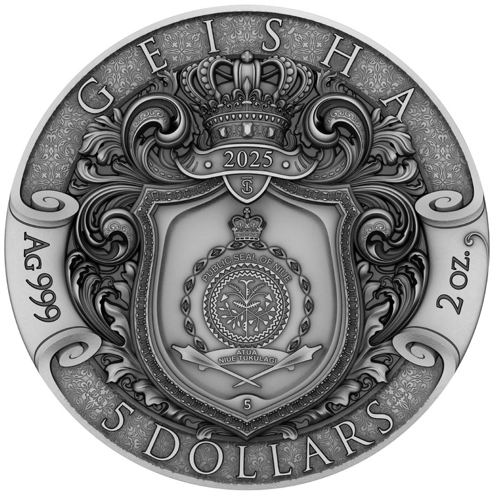 Niue: Gejša kolorovaná/pozlacená 2 oz Stříbra 2025 Mince s antickou úpravou