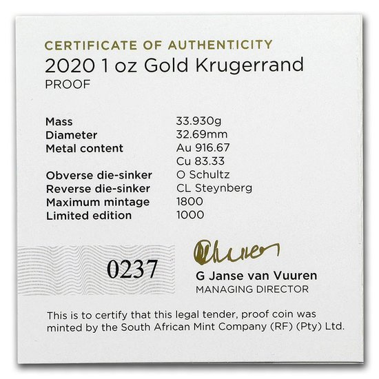 Krugerrand 1 oz Gold 2020 Proof