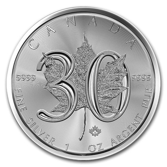 Feuille d'érable canadienne 1 once d'argent 2018 (30e anniversaire)