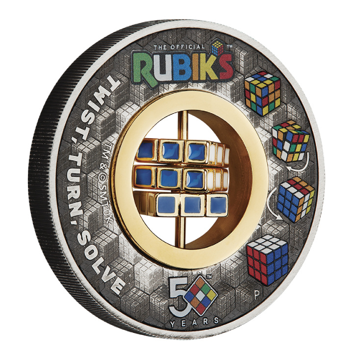 Tuvalu: Rubik’s Cube 50th Anniversary coloured 2 oz Silver 2024 Gilded Antiqued Coin
