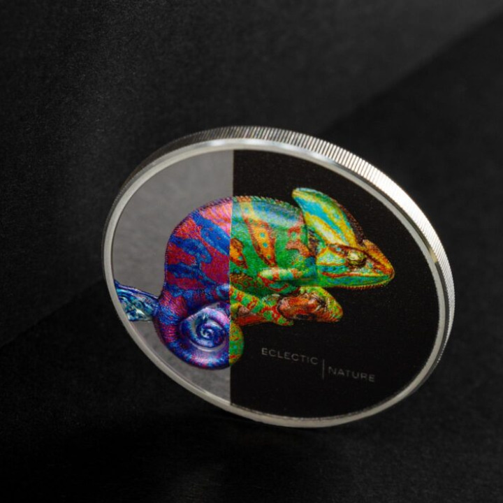 Cook Islands: Eclectic Nature - Chameleon kolorowany 1 uncja Srebra 2023 Proof Ultra High Relief