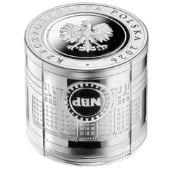 Monnaie en argent Banque centrale indépendante - Réserves d'or de la NBP 100 zlotys Argent 2026 Proof Étui/Dossier (monnaie de forme cylindrique)