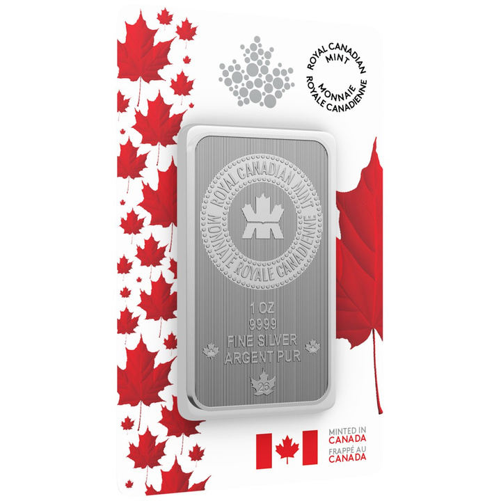 Lingote de plata Royal Canadian Mint en embalaje orgullosamente canadiense 1 onza de plata 2026 Maple Leaf Privy Mark