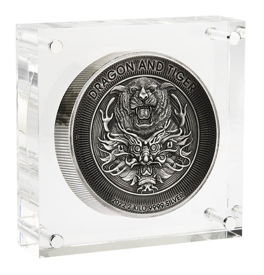 Dragón y Tigre 2000 gramos Plata 2022 Antiguo Alto Relieve
