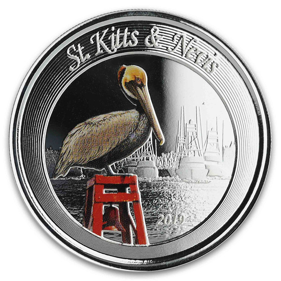 Svatý Kryštof a Nevis: Brown Pelican barevná 1 unce stříbra 2019 Proof