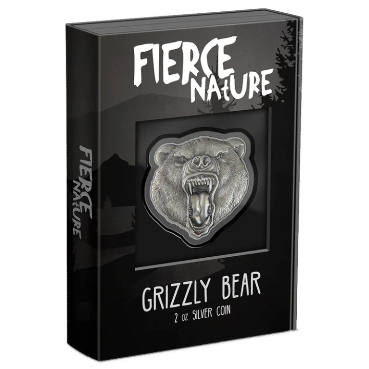 Niue: Divoká příroda – Grizzly Bear 2 unce stříbra 2023 Antique Finish