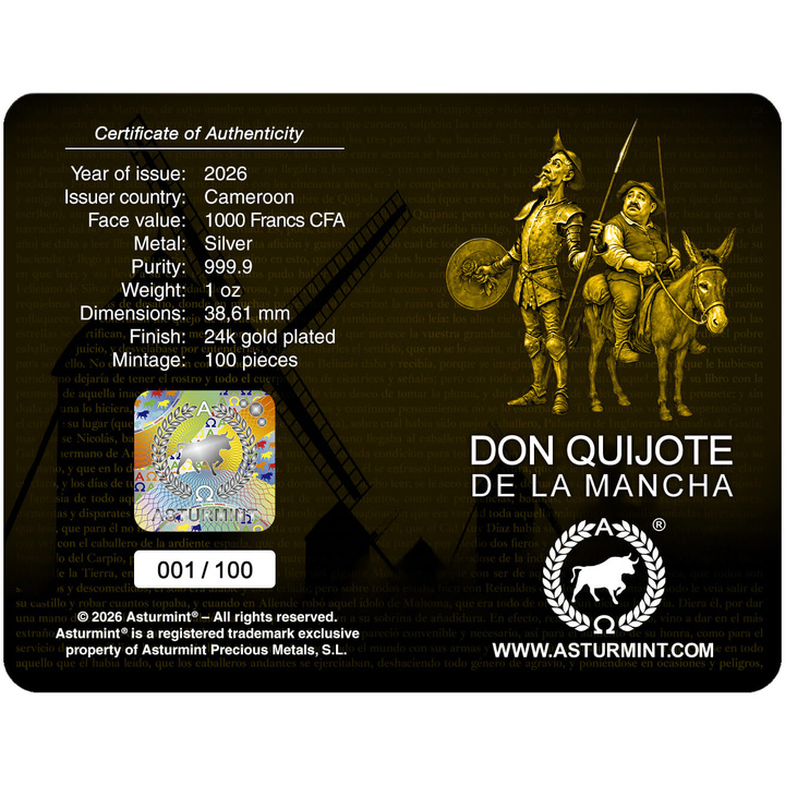 Don Quijote de La Mancha chapada en oro 1 oz plata 2026 Proof
