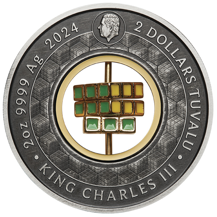 Tuvalu: Cubo di Rubik 50° anniversario colorato, placcato in oro 2 once d'argento 2024 Moneta antica