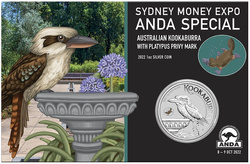 Kookaburra s Platypusem, barevná, 1 unce stříbra 2022 Privy Mark (Sydney Money Expo Anda Special)