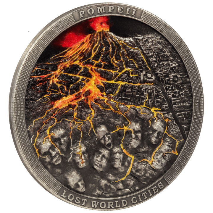 Niue: Lost World Cities - Pompeii coloured $5 Silver 2023 High Relief Antiqued Coin