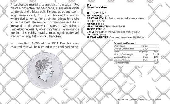 Tuvalu: Street Fighter - Ryu coloured 1 oz Silver 2022 (Coin in card)