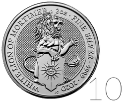 The Queen’s Beasts: The White Lion of Mortimer 2 oz Silber 10 Stück 2020 