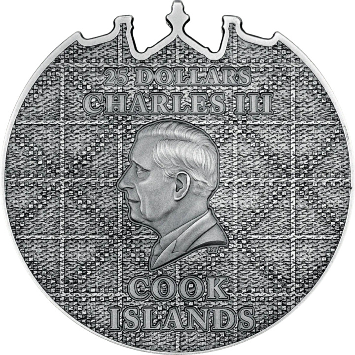 Islas Cook: Petra Al‑Khazneh, 5 onzas de plata coloreada, 2025, alto relieve con acabado envejecido.