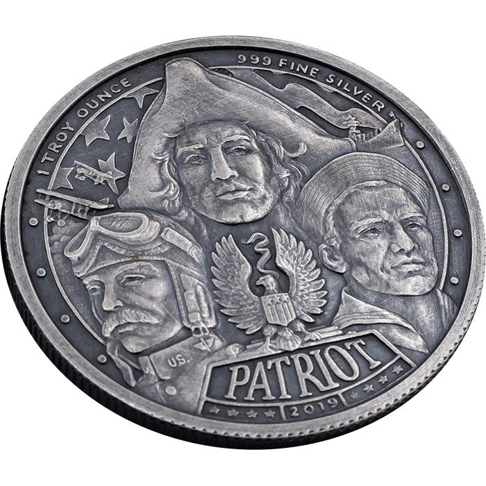 Patriot: Druhá světová válka 1 unce stříbra 2019 Antiqued Round Coin