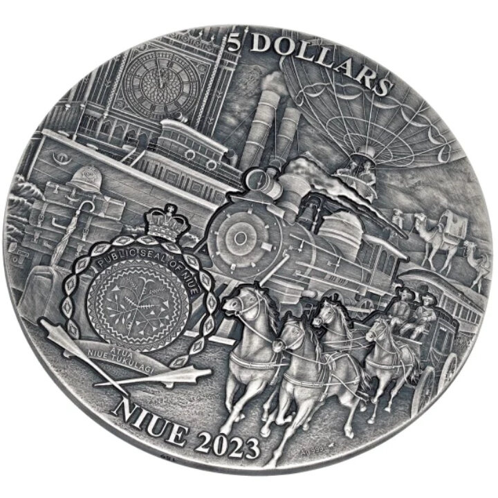 Niue: Around the World in 80 Days - Train Trip coloured 1 oz Silber 2023 High Relief Antiqued Coin