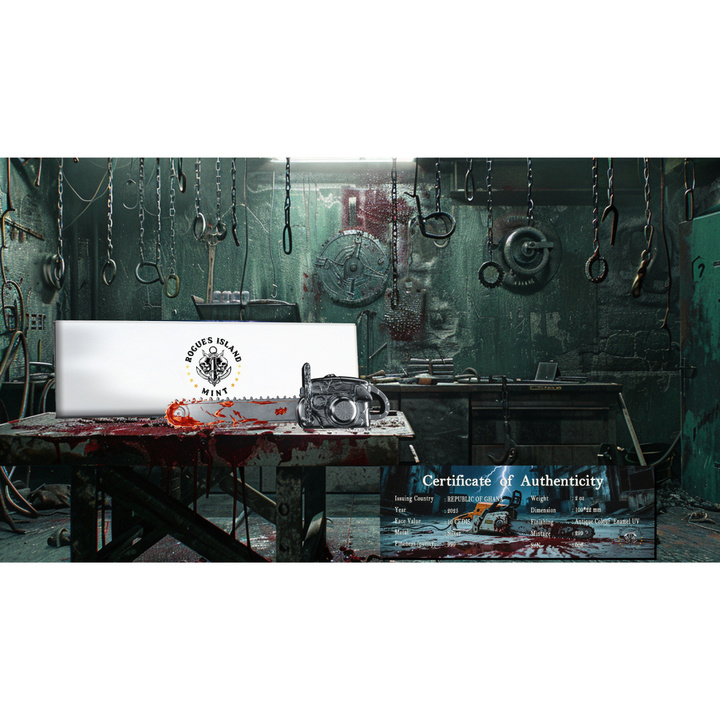 Ghana: Bloody Chainsaw coloreada 2 onzas Plata 2025 Moneda con forma envejecida
