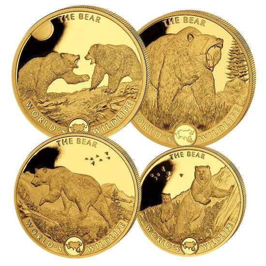 Set di 4 monete Congo: Fauna selvatica mondiale - L'orso Oro 2022 Proof