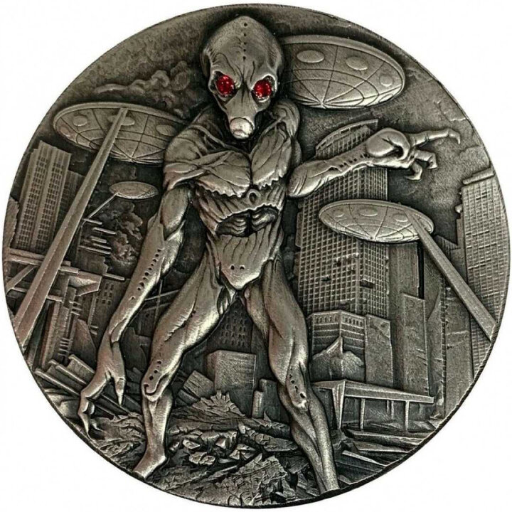 Chad: Alien Invasion 2 oz Silver 2018 Antique Coin (with Swarovski crystals)