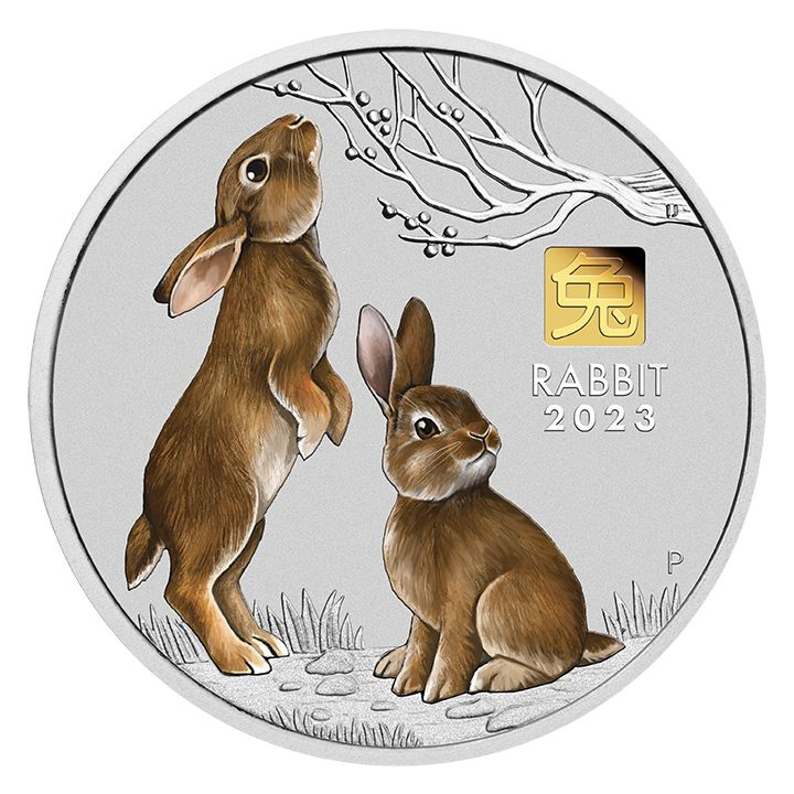 Perth Mint: Lunar III - Year of the Rabbit coloured 1000 grams Silver 2023 Gold Privy Mark