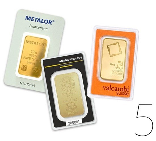 50 gramů Zlatá slitka BALÍČEK 5 KS