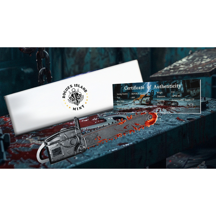 Ghana: Bloody Chainsaw kolorovaný 2 unce Stříbra 2025 Antiqued Shaped Coin