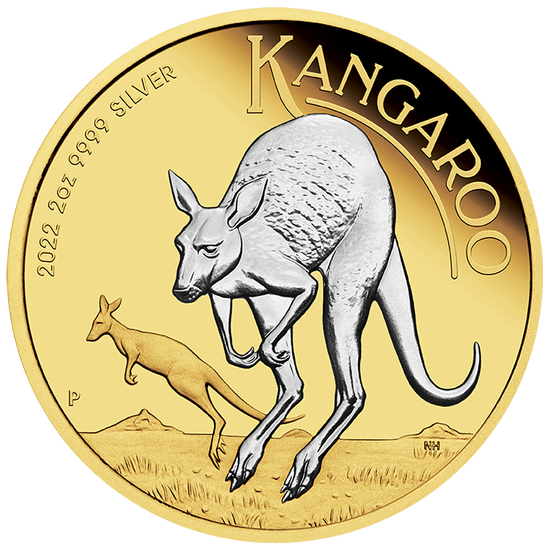 Australijski Kangur pozłacany 2 uncje Srebra 2022