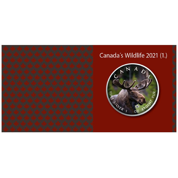 Faune du Canada : Feuille d'érable - Élan coloré 1 once d'argent 2021