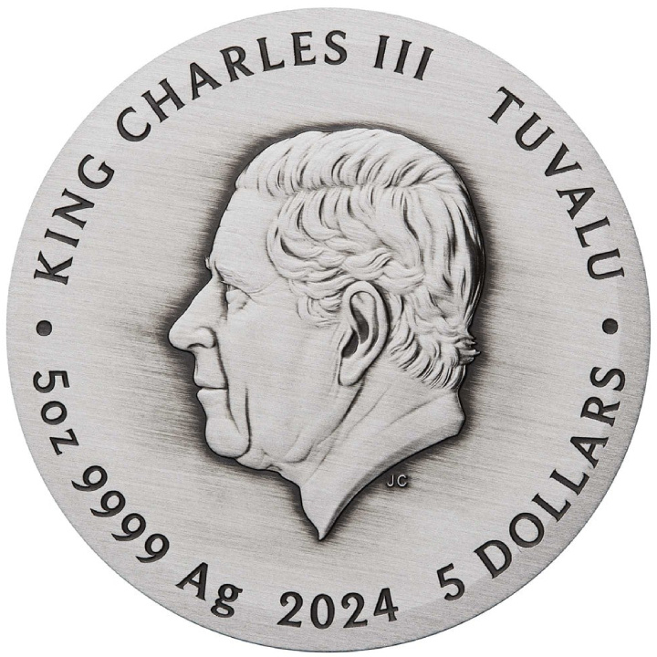 Tuvalu: Dragon and Phoenix coloured 5 oz Silver 2024 Antiqued Coin