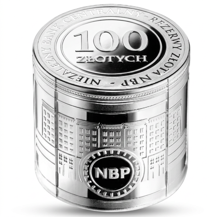 Moneda de plata Banco Central Independiente - Reservas de Oro del NBP 100 zloty Plata 2026 Proof Estuche/Carpeta (moneda con forma cilíndrica)