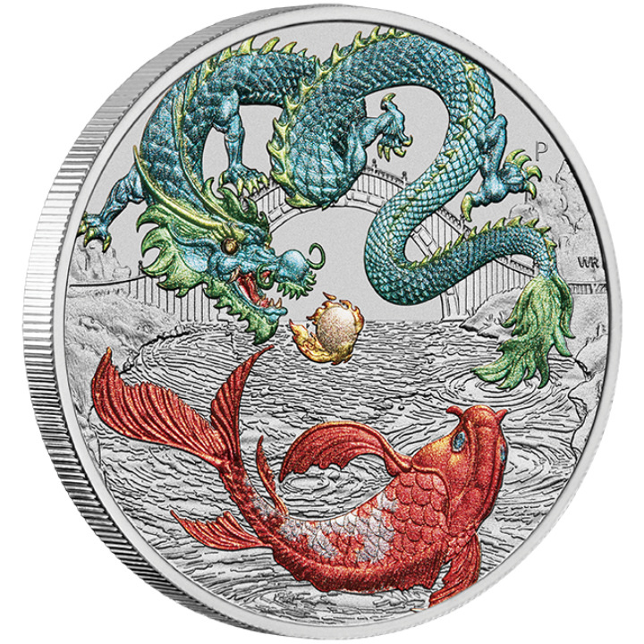Chinese Myths and Legends: Dragon & Koi kolorowany niebiesko-czerwony 1 uncja Srebra 2023