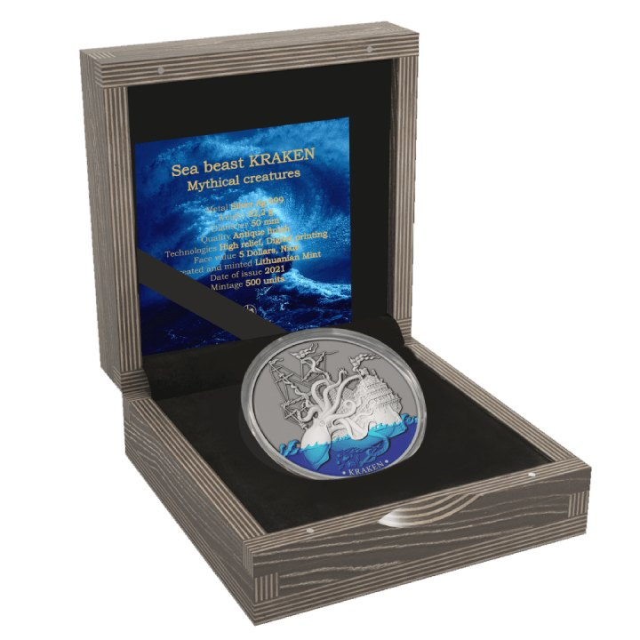Niue: Mythical Creatures - Sea Monster Kraken kolorowany $5 Srebro 2021 High Relief Antiqued Coin