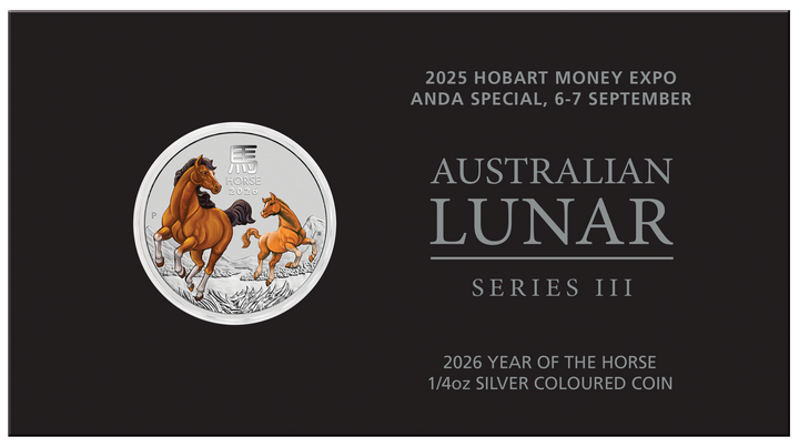 Perth Mint: Lunar III – Rok Koně kolorovaný 1/4 unce Stříbra 2026 (Hobart Money Expo ANDA Special)