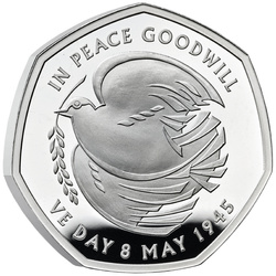 A 80-a aniversare a Zilei Victoriei în Europa 50 pence Argint 2025 Proof