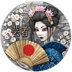 Niue: Geisha kolorowany/pozłacany 2 uncje Srebra 2025 Antiqued Coin
