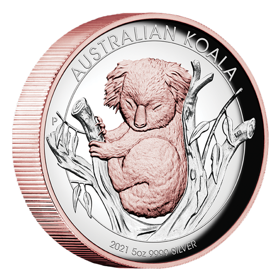 Australijska Koala 5 uncji Srebra 2021 Proof High Relief Pozłacana